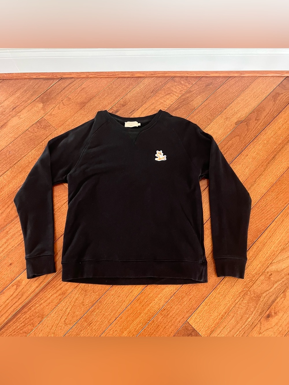 MAISON KITSUNE Black Crewneck Sweatshirt with Fox Patch